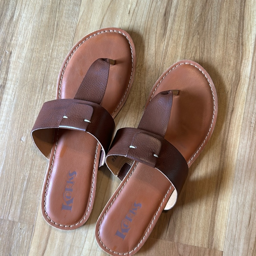 Korks Brown Thong Flat Sandal Dawn Kork Ease Faux Leather Womens Sz 11M New